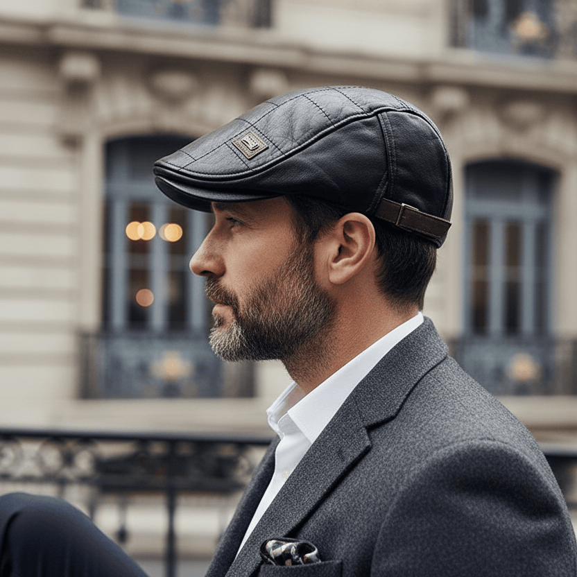 Béret Homme en Cuir avec Détails Matelassés