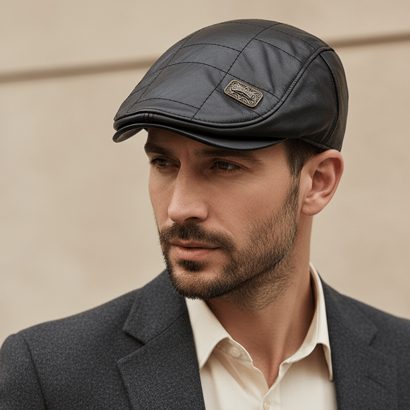 Béret Homme en Cuir avec Détails Matelassés