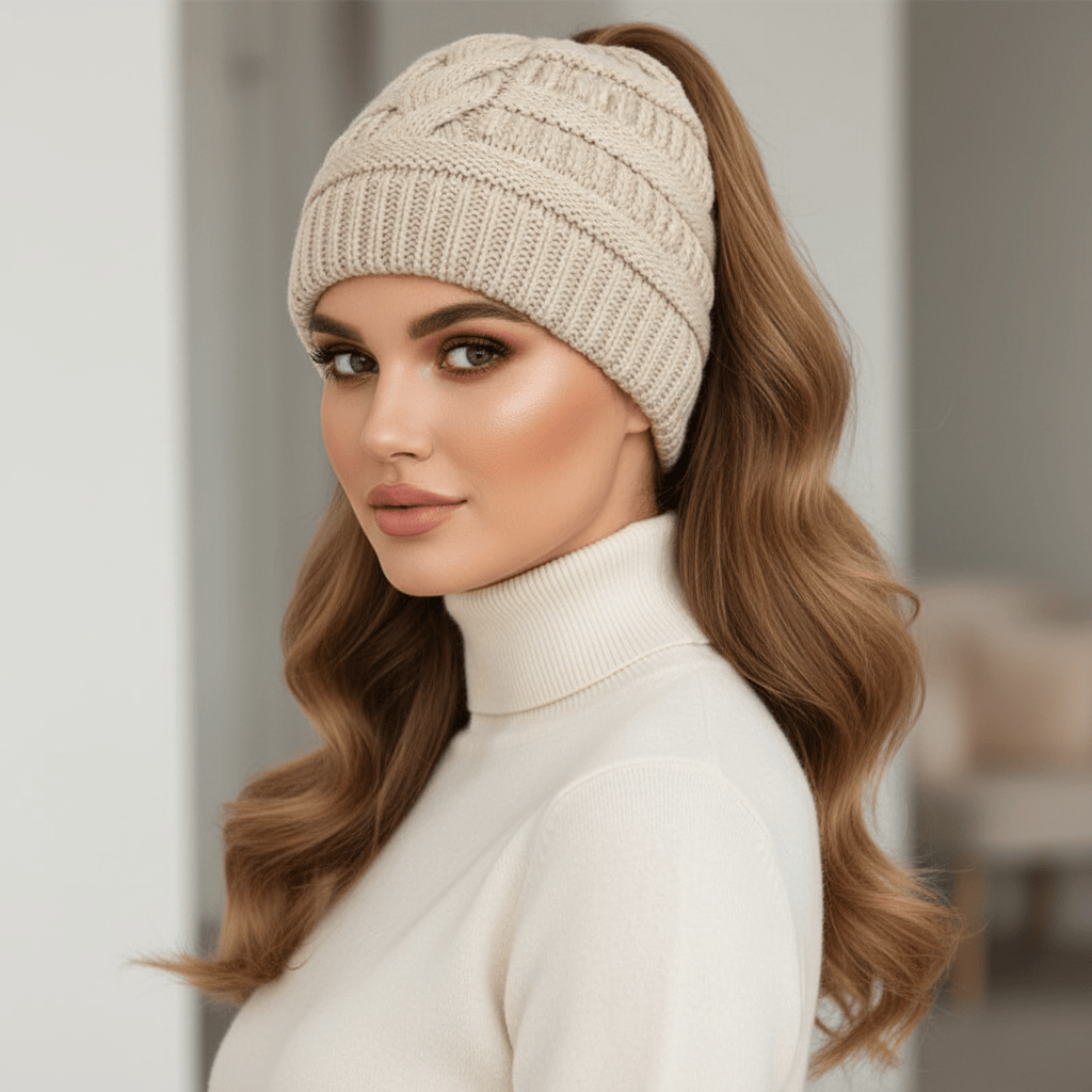 Bonnet Femme Hiver avec Ouverture pour Queue de Cheval