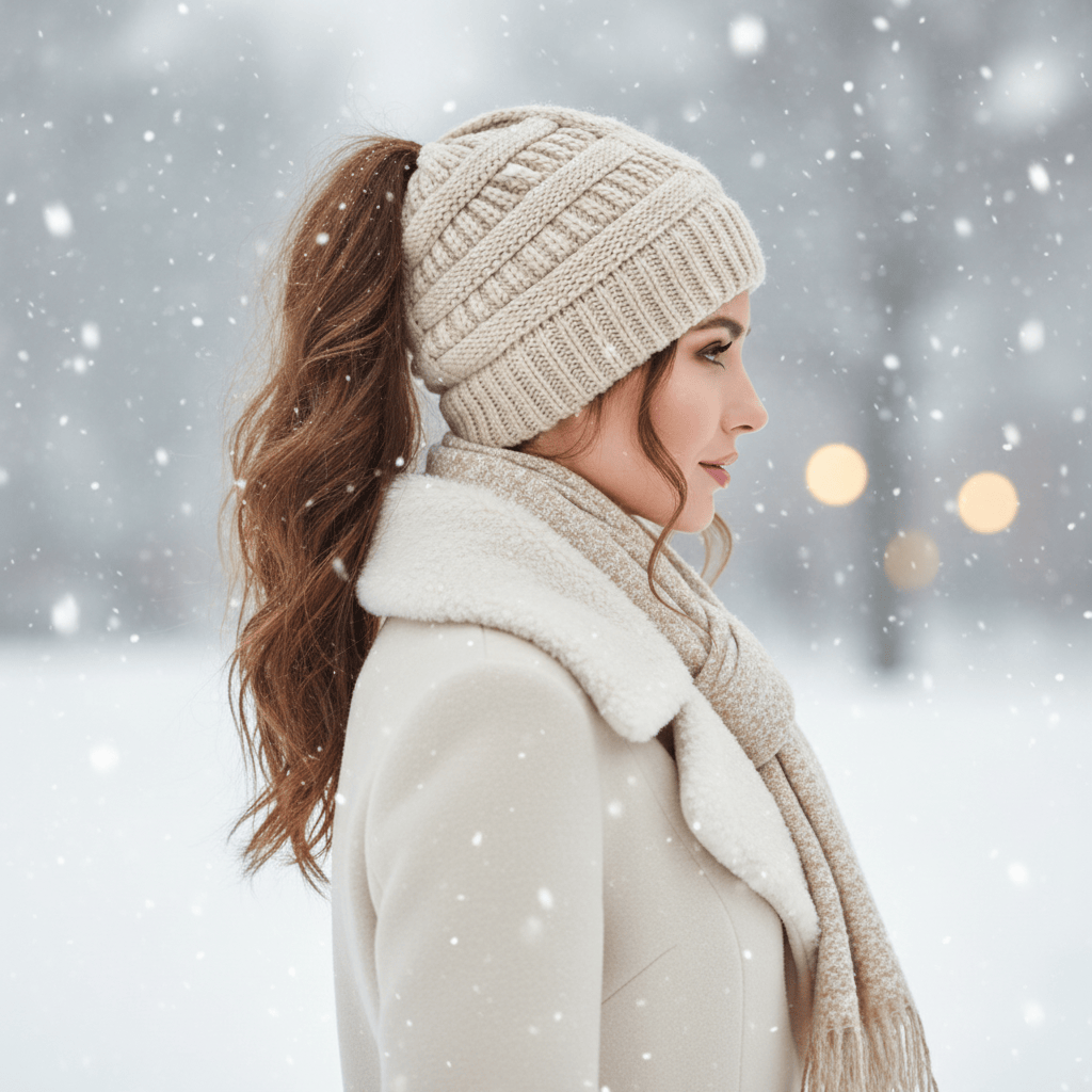 Bonnet Femme Hiver avec Ouverture pour Queue de Cheval