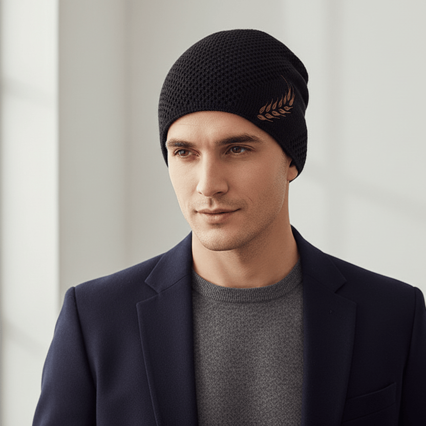 Bonnet Long en Maille avec Broderie Feuille