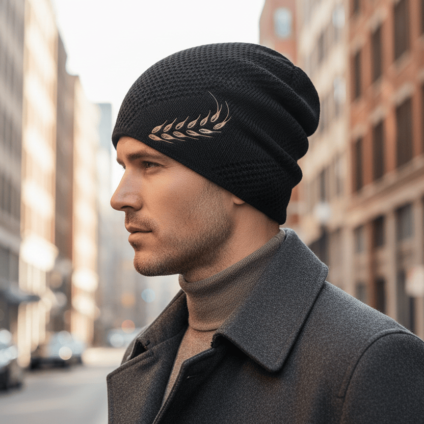 Bonnet Long en Maille avec Broderie Feuille