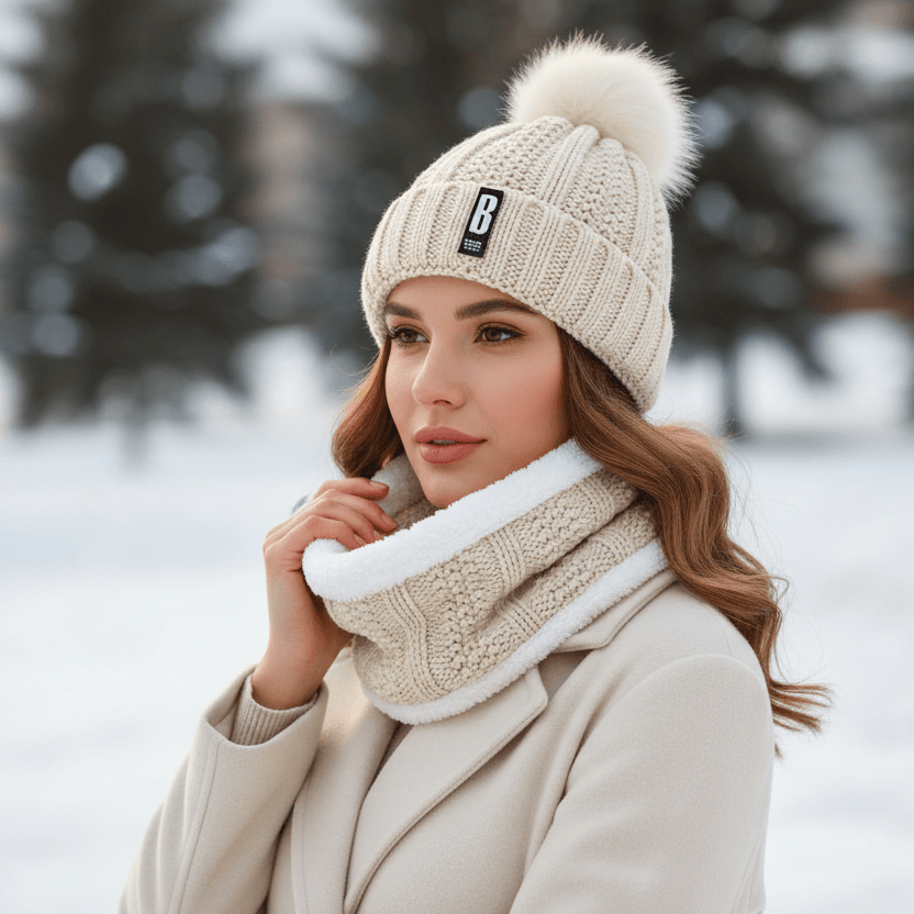Ensemble Bonnet Femme Pompon en Maille et Écharpe Épaisse