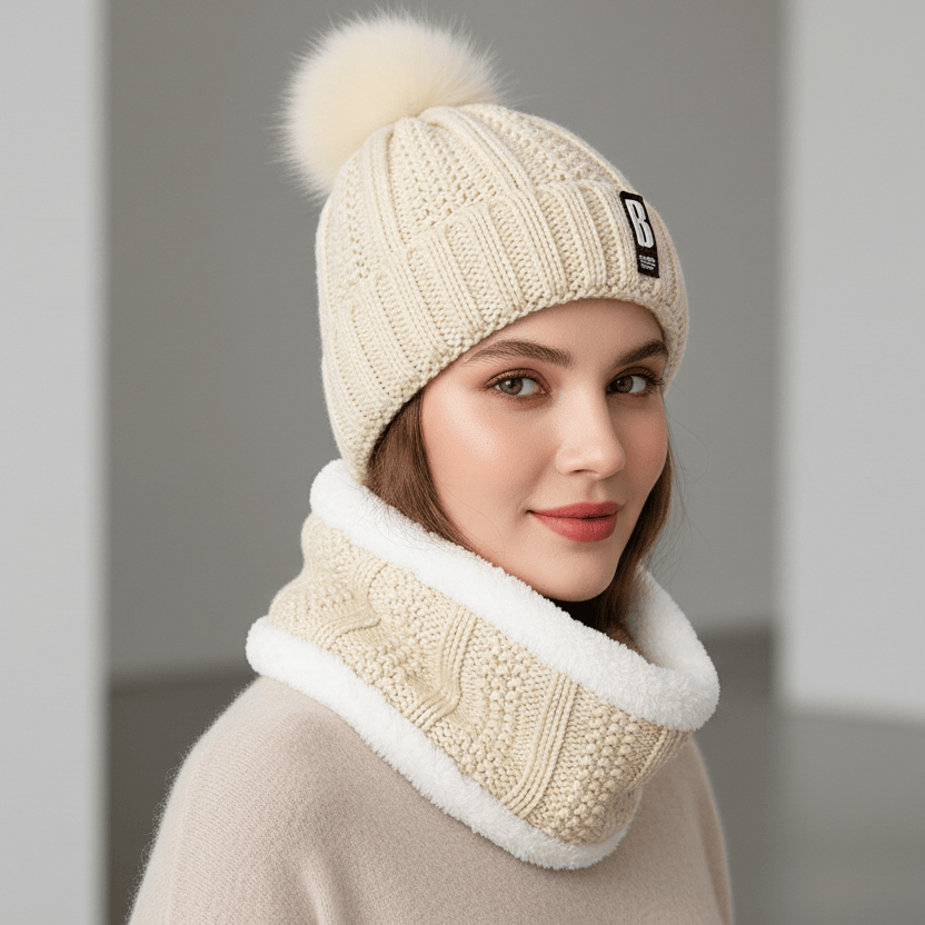Ensemble Bonnet Femme Pompon en Maille et Écharpe Épaisse