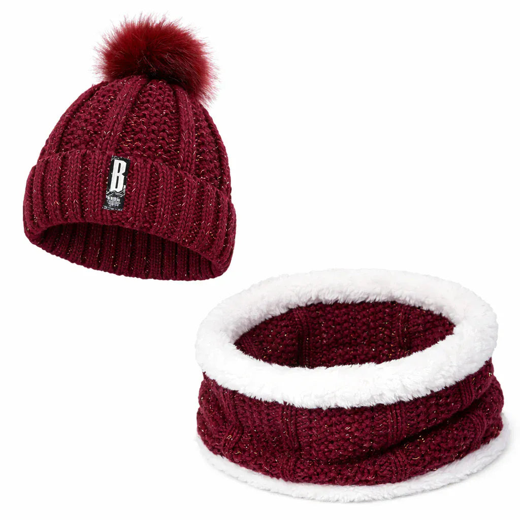Ensemble Bonnet Femme Pompon en Maille et Écharpe Épaisse