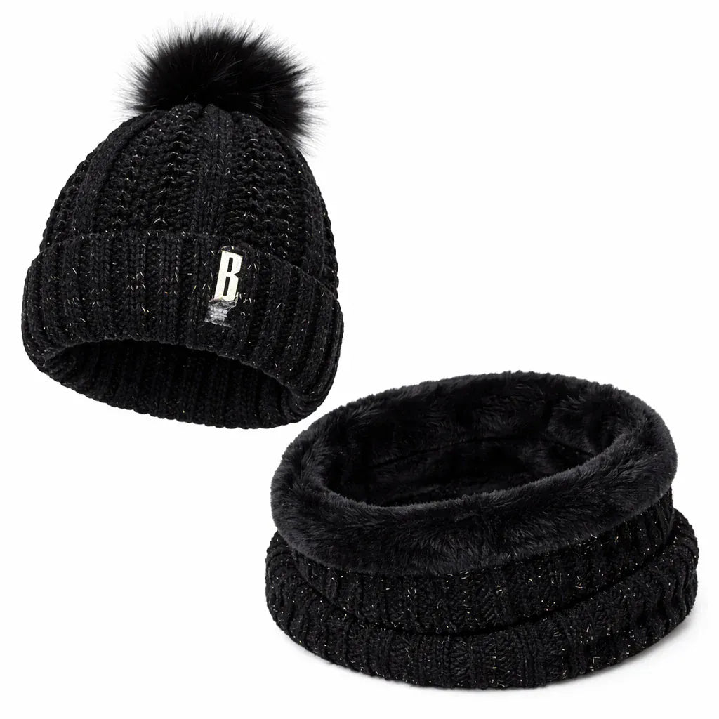 Ensemble Bonnet Femme Pompon en Maille et Écharpe Épaisse