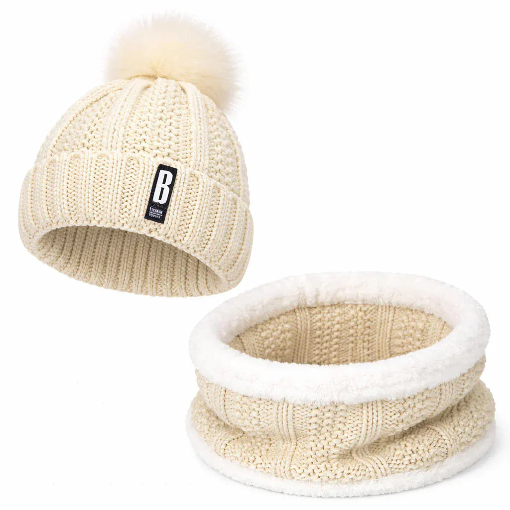Ensemble Bonnet Femme Pompon en Maille et Écharpe Épaisse